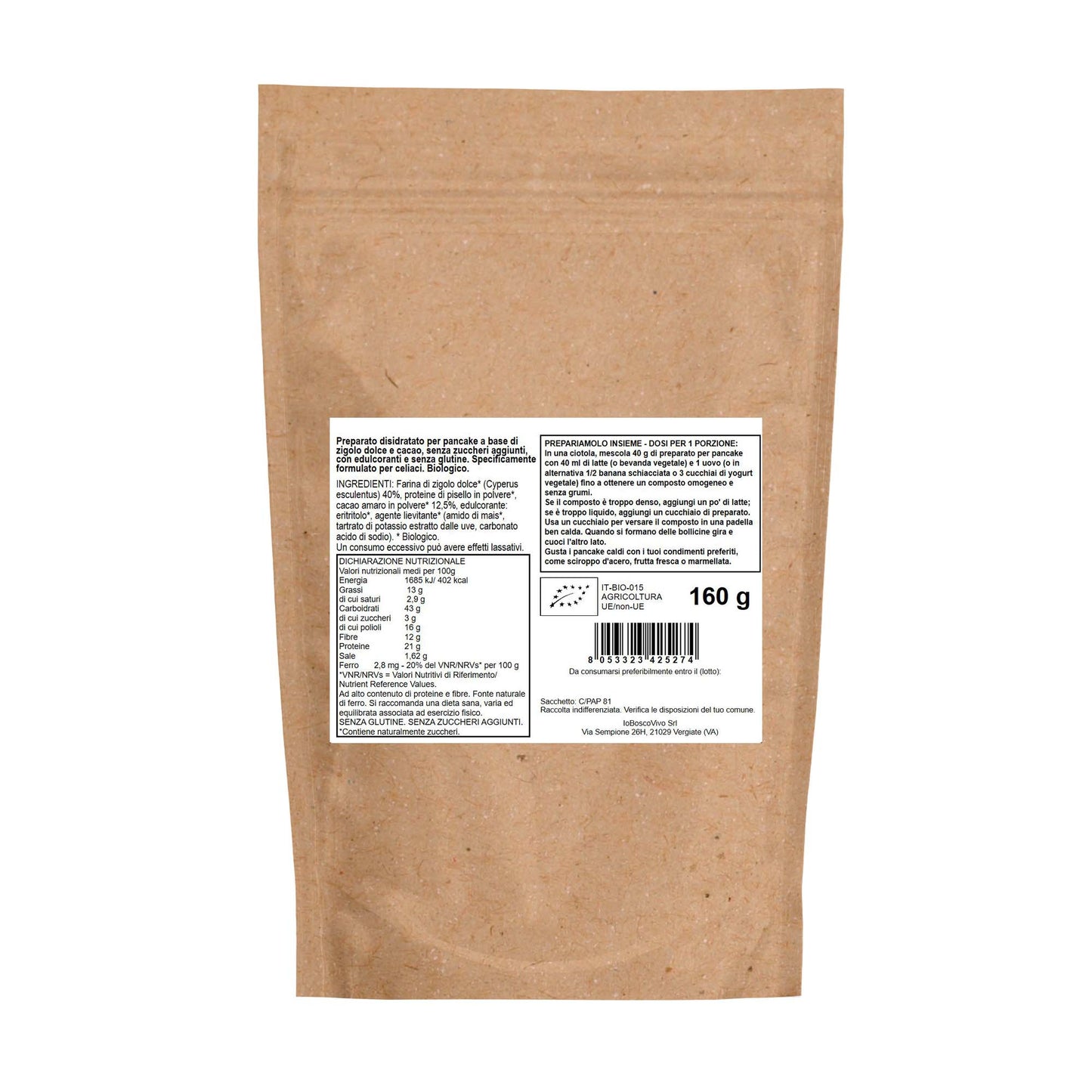 Preparato Bio per Pancake Proteici al Cacao e Chufa Senza Glutine 160g