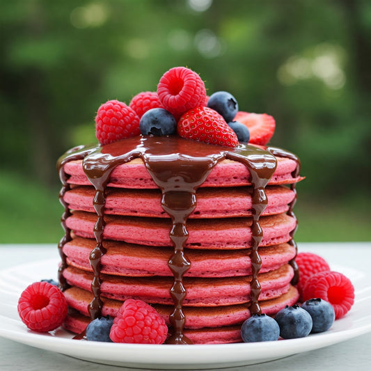 Torre di Pancake Proteici Rosa con Salsa al "Cioccolato"