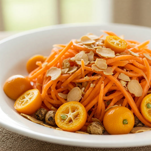 Insalata Vivace di Carote e Kumquat con Fiocchi di Zigolo Dolce o Chufa