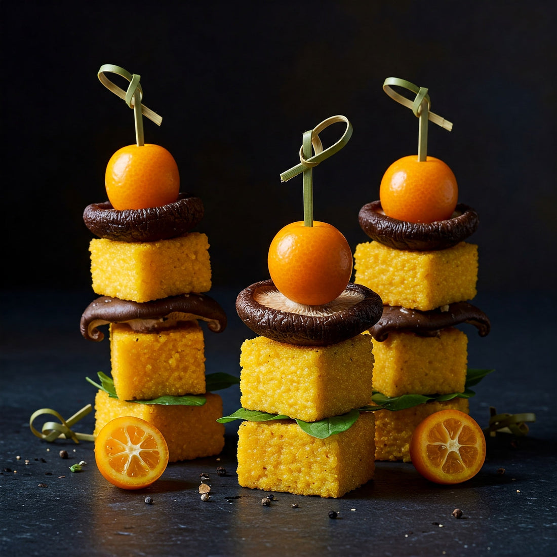 Spiedini Aromatici di Polenta Grigliata con Funghi Shiitake, Kumquat e Menta