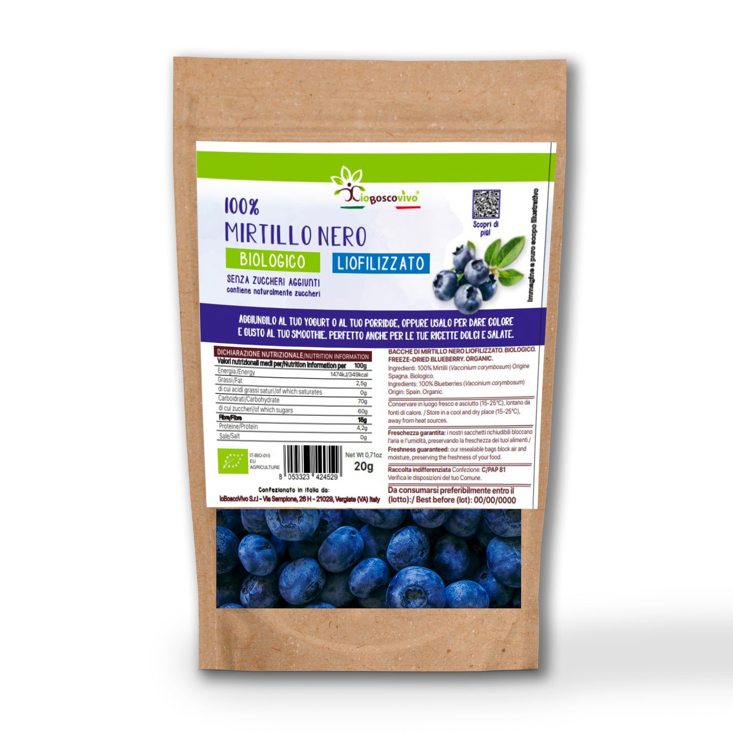 100% Mirtillo Nero intero liofilizzato BIO  - 20g