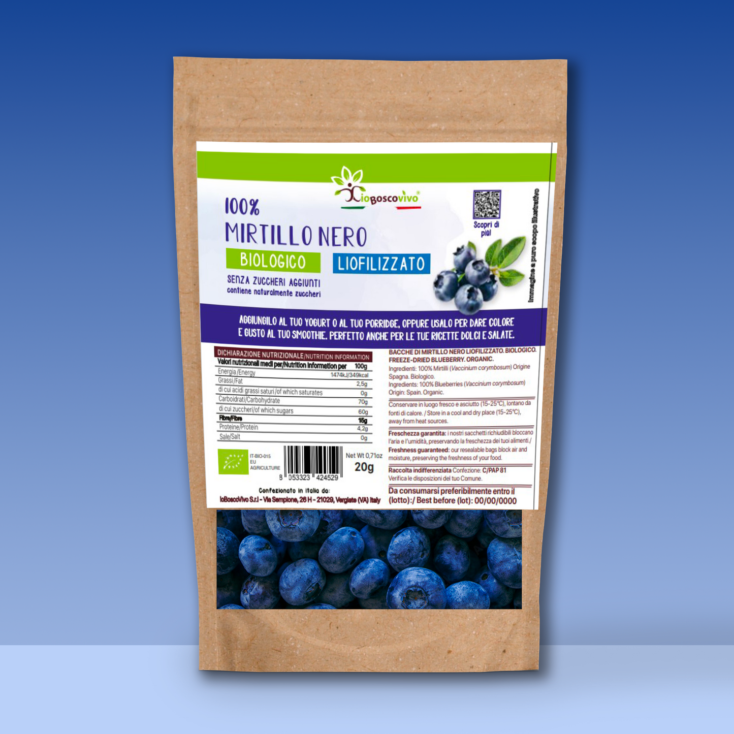 100% Mirtillo Nero intero liofilizzato BIO  - 20g