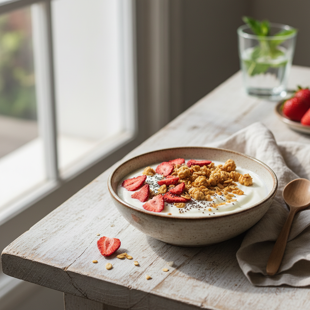 Fragole liofilizzate come topping su yogurt e granola per colazione