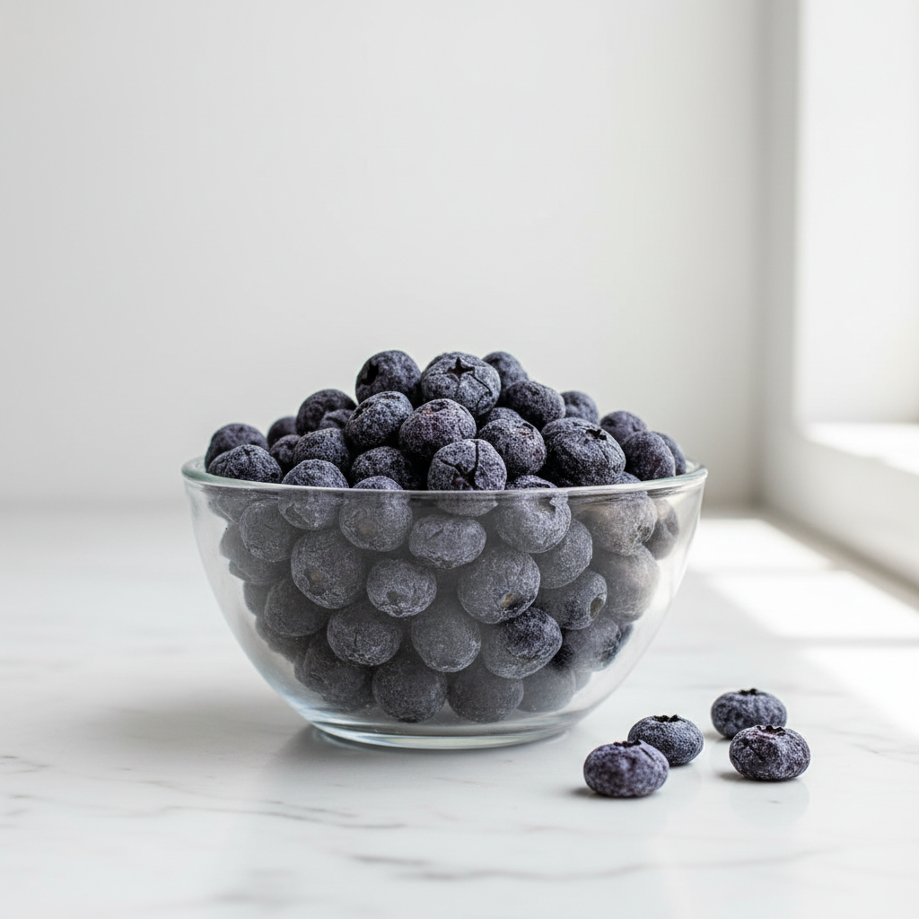 Mirtilli neri liofilizzati biologici interi in ciotola di vetro