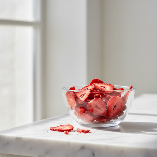 Fragole liofilizzate biologiche a fette in ciotola di vetro