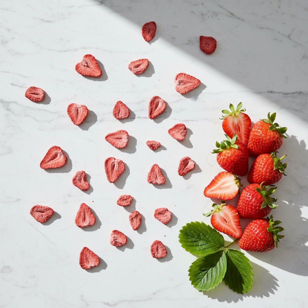 Fragole liofilizzate biologiche con confronto frutta fresca