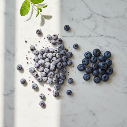 Mirtilli neri liofilizzati biologici con confronto frutta fresca